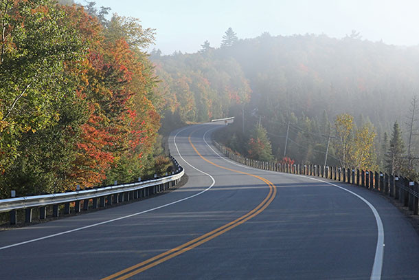 Foggy conditions approaching the West Gate of Algonquin Park on September 29, 2022. 