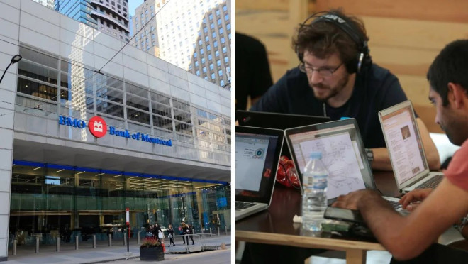 The Bank of Montreal Toronto headquarters. Right: People working on laptops.